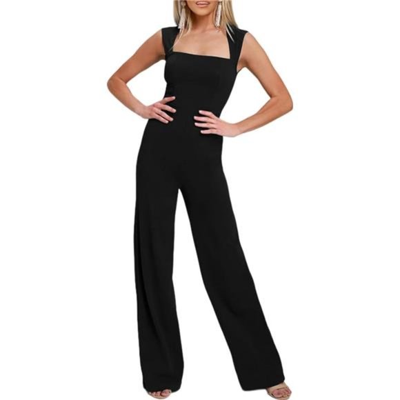 Square Neck Dressy Jumpsuit Sleeveless Wide Leg Pant Romper Jumpsuits For Women - Picture 1 of 7